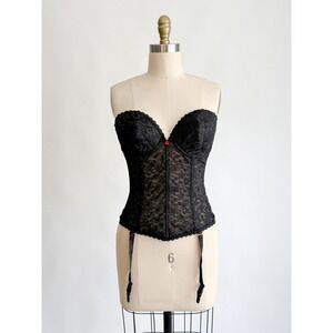 Vintage Carnival Lace Bustier Corset 34D Black Garter Straps Low Back Underwire